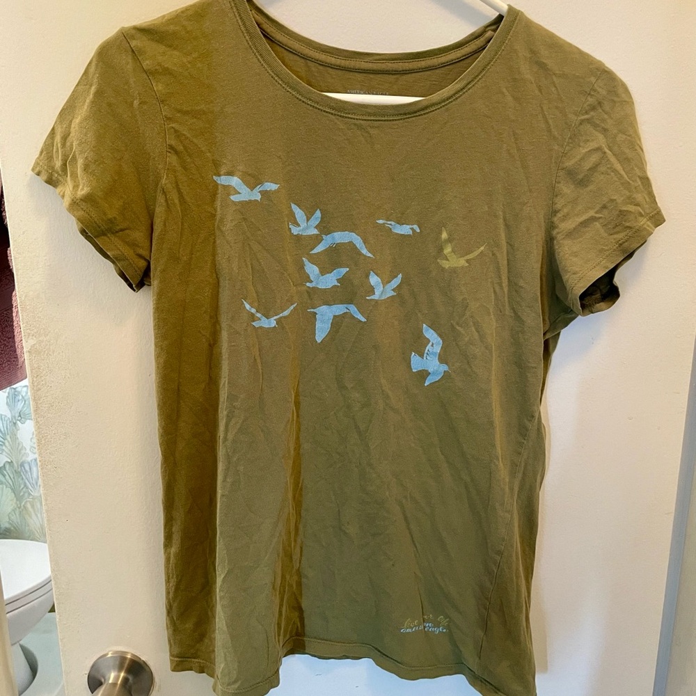 American Eagle Outfitters Olive Tee with Bird Design